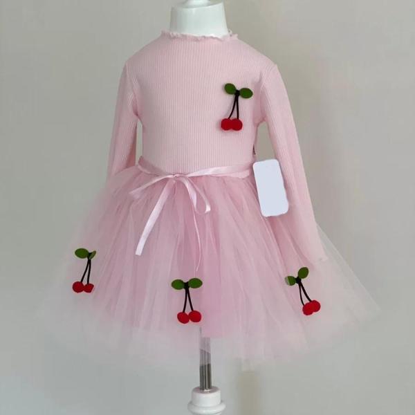 Kiraz Desenli Kurdela Kuşaklı Astarlı Uzun Kollu Kız Çocuk Tütü Elbise Pembe - Image 1