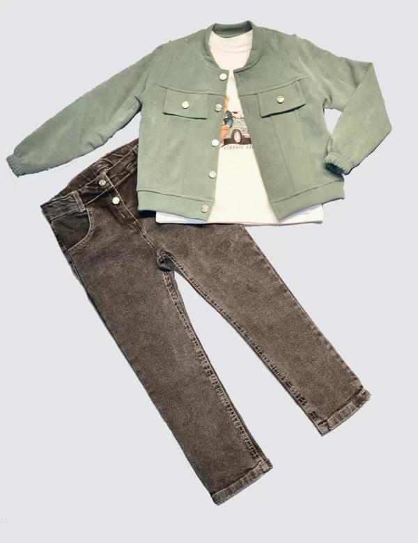 Kot Pantolonlu Nubukceketli Uzun Kollu Penye Sweat 3lü Erkek Çocuk Takımı Yeşil - Image 1
