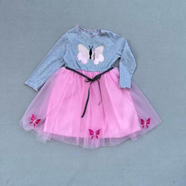 Taşlı Kelebek Desenli Kurdela Kuşaklı Astarlı Kız Çocuk Tütü Elbise Pembe - Image 1