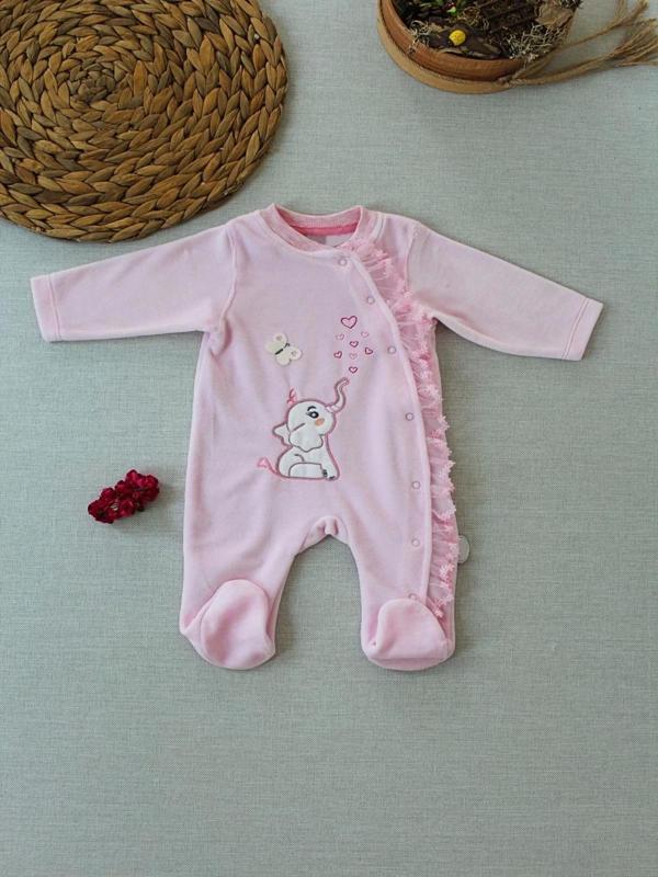Romantik Fil Nakışlı Pembe Süslü Kız Bebek Tulumu Pembe - Image 1