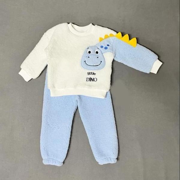 1-2-3 Yaş Minik Dino Kollu Kuzu Kumaş Sweat Pantolon Uzun Kollu Kız Erkek 2 Li Takımı - Image 1