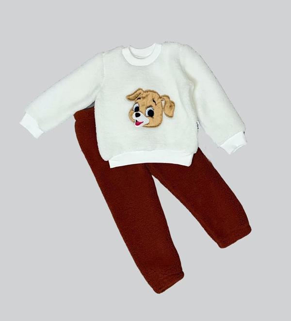 1-2-3 Yaş Mutlu Köpekcik Nakışlı Kuzu Kumaş Sweat Patili Pantolon Uzun Kollu Kız Erkek 2 Li Takımı - Image 1