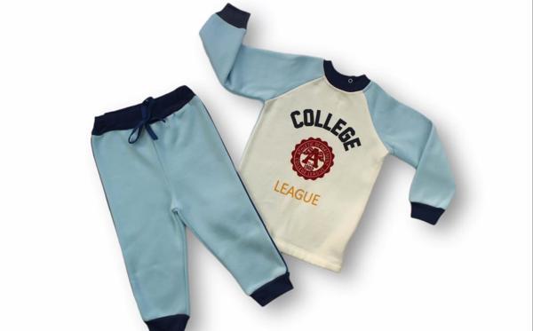 9-12 12-18 18-24 24-36 Ay College Baskılı 3 İplik Kumaş Uzun Kollu Sweatli 2li Erkek Bebek Takımı - Image 1