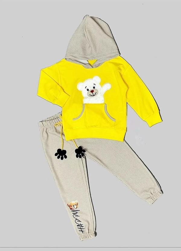 Pelüş Ayı Desenli Kapşonlu Uzun Kollu Penye Sweat 2li Erkek Çocuk Takımı Sarı - Image 1