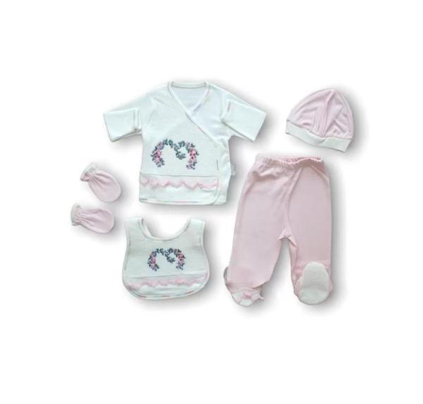 Anadolunun Kalbi Nakışlı %100 Cotton Antibakteriyel 5li Zıbın Takımı Hastane Çıkışı Pembe - Image 1