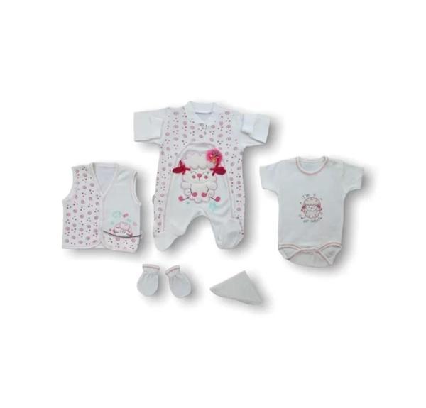 Kuzucuk Nakışlı %100 Cotton Antibakteriyel 5li Zıbın Takımı Hastane Çıkışı Ekru - Image 1