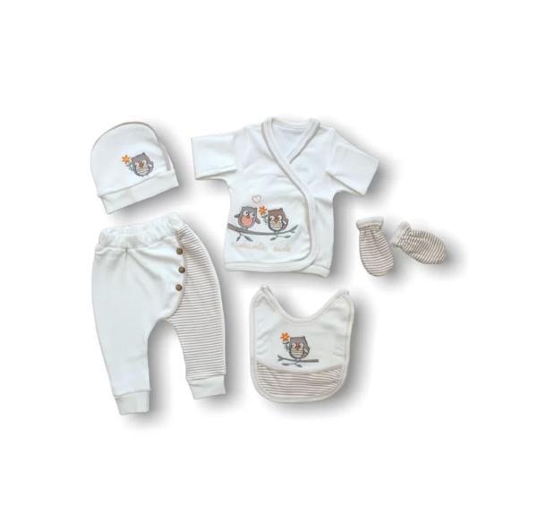 Romantik Çift Baykuş Nakışlı %100 Cotton Antibakteriyel 5li Zıbın Takımı Hastane Çıkışı Ekru - Image 1