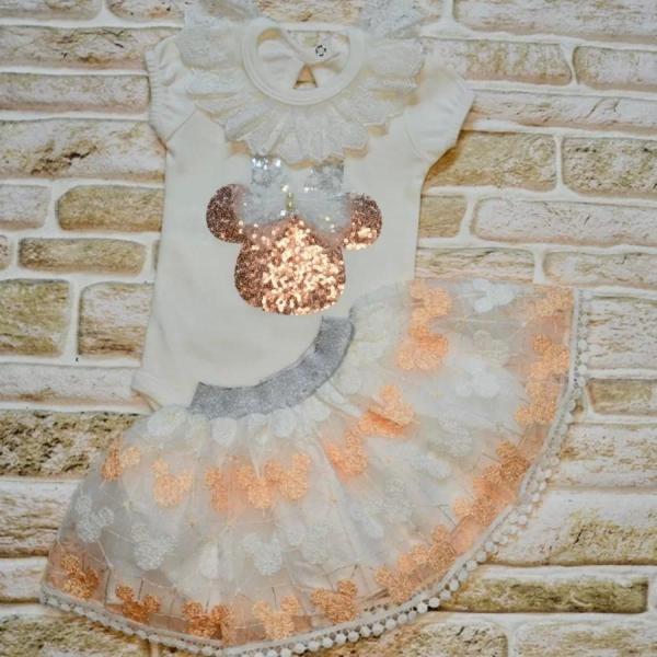 Petli Mickey Nakışlıkısa Kollu Brode Etekli 2li Kız Bebek Takımı Pudra - Image 1