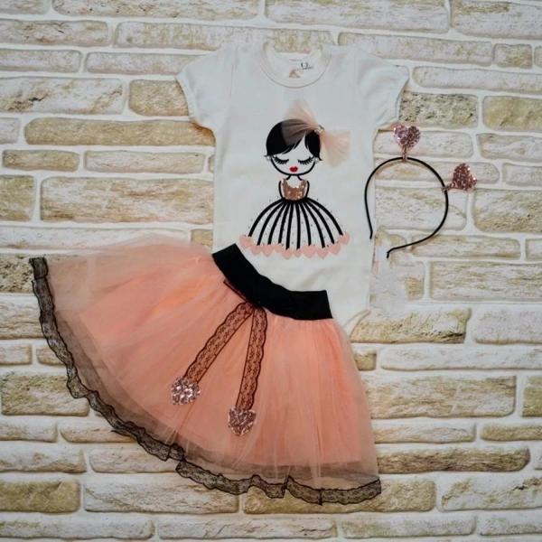 Kalp Kız Nakışlı Taçlı Kısa Kollu Tütü Etek 3lü Kız Bebek Takımı Pudra - Image 1