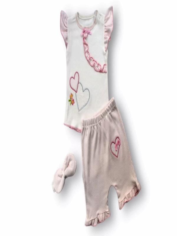 Çift Kalp Nakışlı Şort Tişört 3lü Kız Bebek Takımı Ekru - Image 1