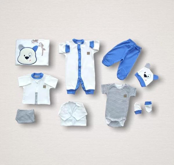 Minik Centilmen I Nakışlı %100 Cotton Antibakteriyel 10lu Zıbın Takımı Hastane Çıkışı Mavi - Image 1