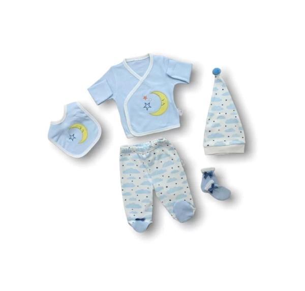 Dedem Nakışlı %100 Cotton Antibakteriyel 5li Zıbın Takımı Hastane Çıkışı Mavi - Image 1