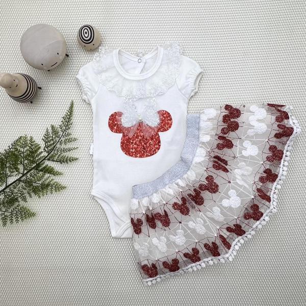 Petli Mickey Nakışlıkısa Kollu Brode Etekli 2li Kız Bebek Takımı Kırmızı - Image 1