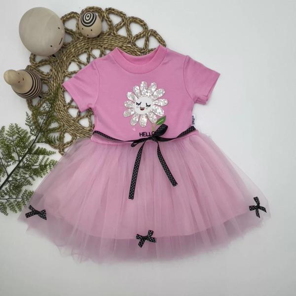 Pet Yapraklı Çiçek Nakışlı Astarlı Kız Bebek Tütü Elbisesi Pembe - Image 1