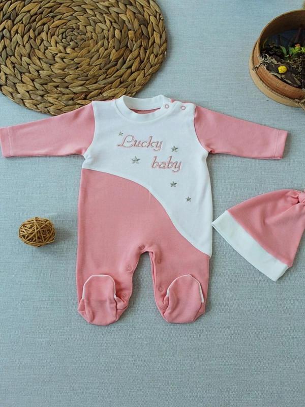 Lucky Baby Nakışlı Es Çizgi Boy Şapkalı Kız Bebek Tulumu Pudra - Image 1