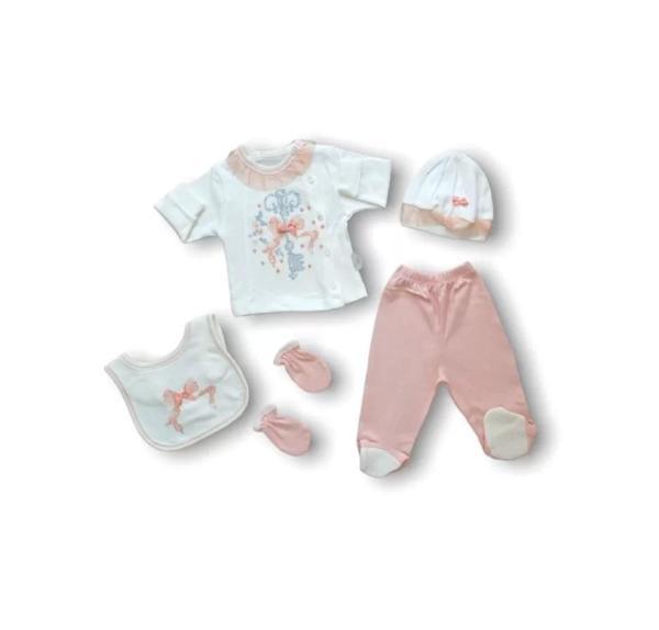 Kanaviçe Nakışlı %100 Cotton Antibakteriyel 5li Zıbın Takımı Hastane Çıkışı Pudra - Image 1