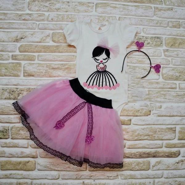 Kalp Kız Nakışlı Taçlı Kısa Kollu Tütü Etek 3lü Kız Bebek Takımı Lila - Image 1
