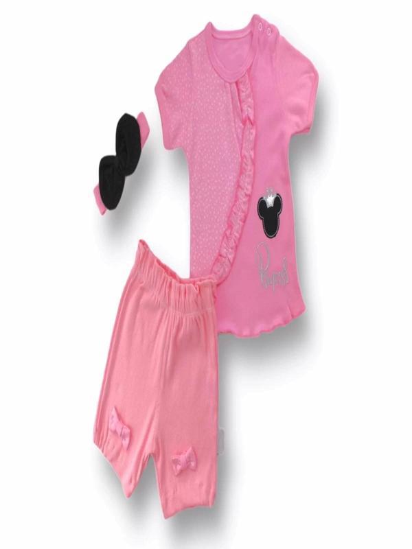 Princess Taçlı Mickey Nakışlı Şort Tişört 3lü Kız Bebek Takımı Pembe - Image 1
