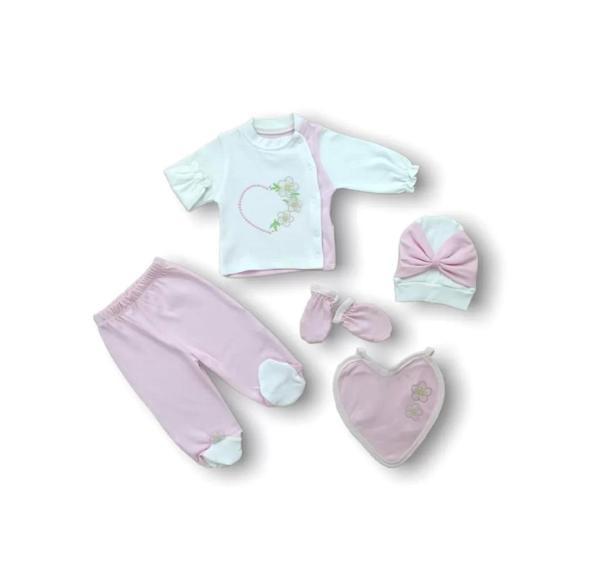 Baharın Çiçekli Kalbi Nakışlı %100 Cotton Antibakteriyel 5li Zıbın Takımı Hastane Çıkışı Pembe - Image 1