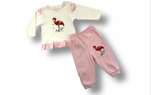 Flamingo Nakışlı Uzun Kollu Sweatli 2li Kız Bebek Takımı Ekru - Image 1