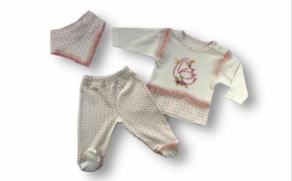 Kraliçe Kuğu Nakışlı Bandajlı Uzun Kollu Sweatli 3lü Kız Bebek Takımı Ekru - Image 1