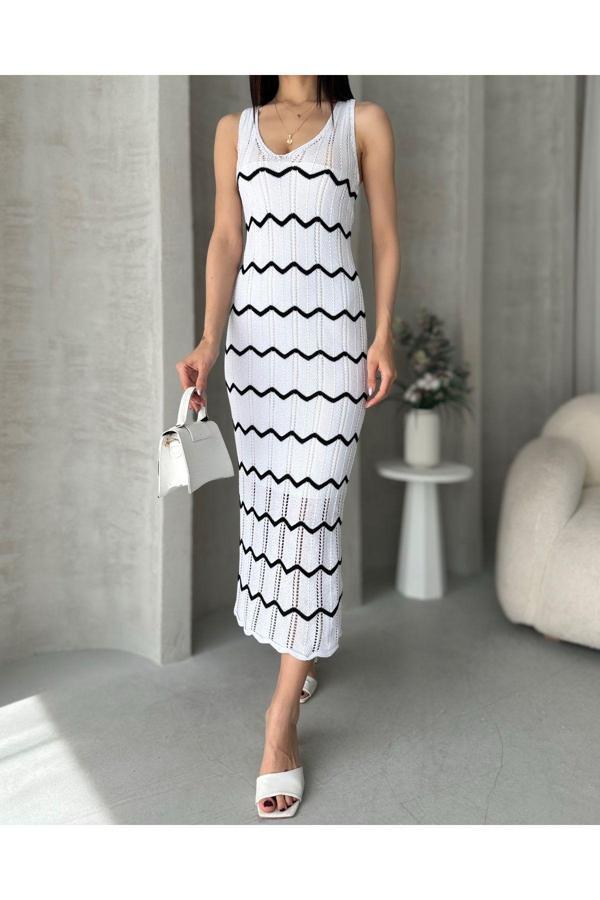 Fav Style Kadın V Yaka Kolsuz Zigzag Detaylı Triko Midi Elbise Beyaz Standart - Image 1