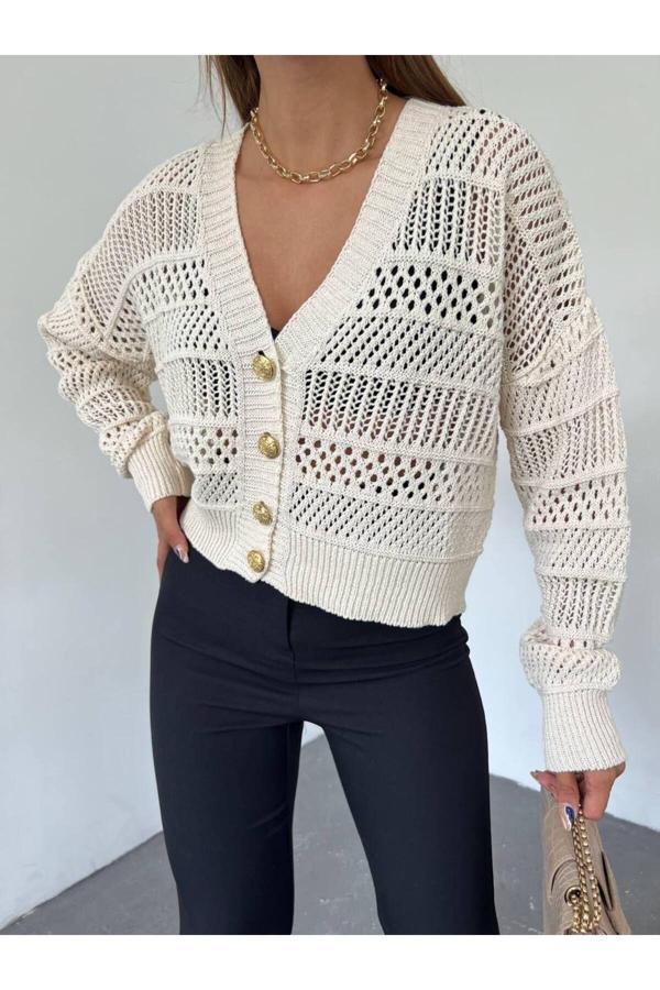 Fav Style Kadın Uzun Kollu Delikli Ajurlu Düğmeli Crop Triko Hırka Bej Standart - Image 1
