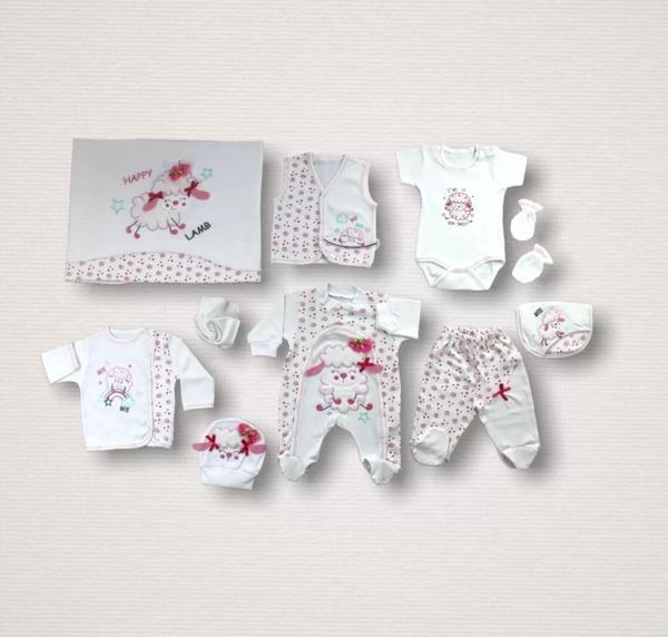 Kıvırcık Kuzu Nakışlı %100 Cotton Antibakteriyel 10lu Zıbın Takımı Hastane Çıkışı Ekru - Image 1