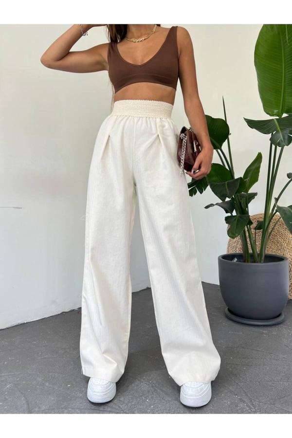 Fav Style Kadın Yüksek Bel Lastikli Kopanaki Detaylı Piliseli Keten Bol Paça Pantolon Krem L - Image 1