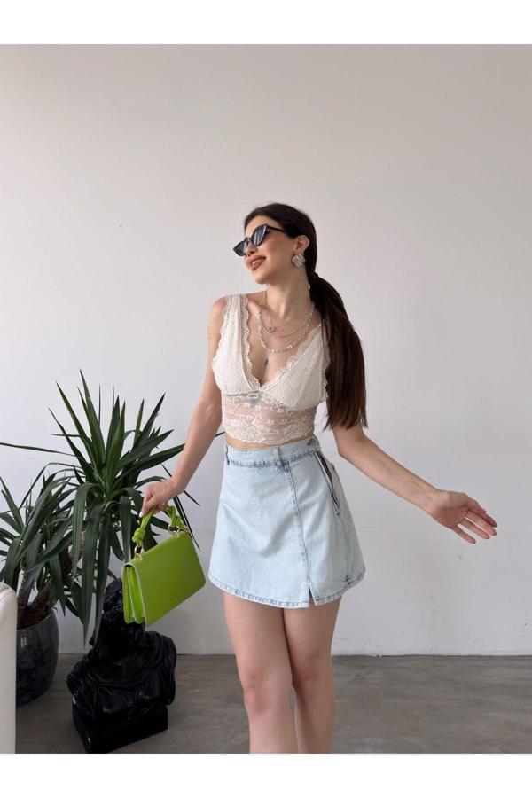 Fav Style Kadın Denim Arkası Çift Cepli Mini Şort Etek Açık Mavi 38 - Image 1