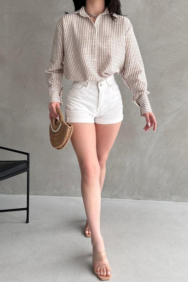 Fav Style Kadın Oversize Çizgili Uzun Kollu Dokuma Gömlek Bej S - Image 1