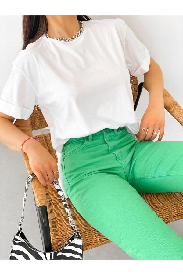 Fav Style Kadın Oversize Yanı Yırtmaçlı Bisiklet Yaka Basic T-Shirt Beyaz L - Image 1