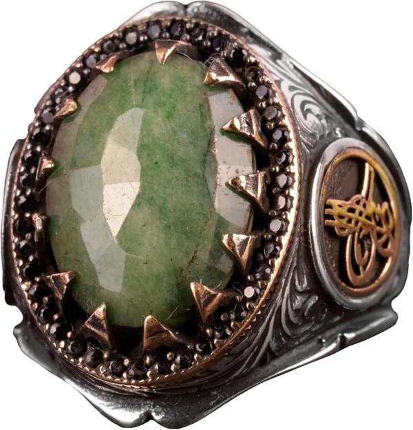 Gerçek Doğal Zümrüt Taşı Erkek Yüzük, Osmanlı Yüzüğü, Orta Doğu Etnik Tasarım, 925 Ayar Gümüş Yüzük - Image 1
