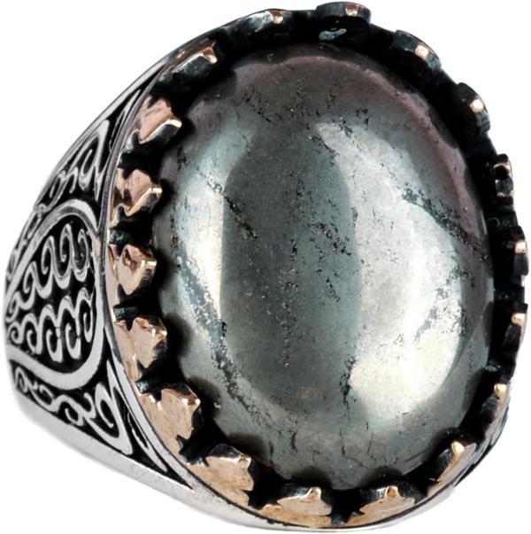 925 Ayar Katı Gümüş Erkek Yüzük Doğal Taşlarla - El Yapımı Zarafet (Pirit Taşı) - Image 1