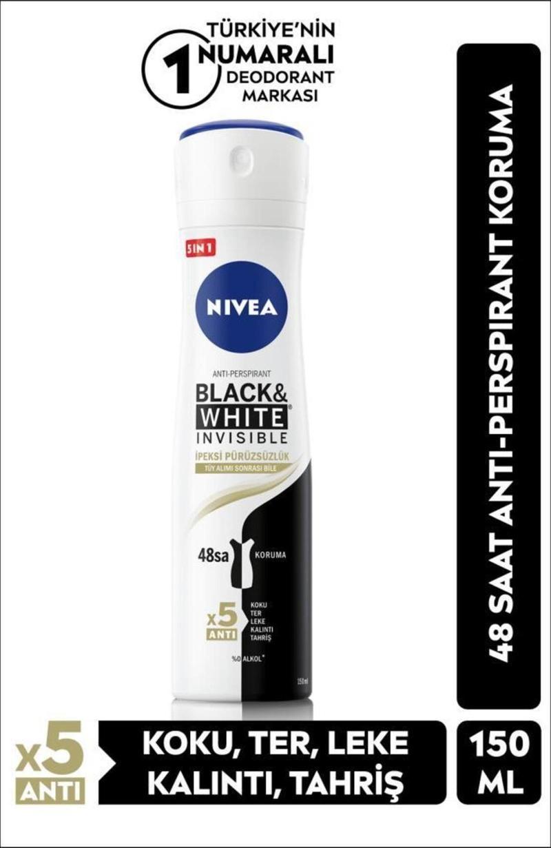 Kadın Sprey Deodorant Black White Invisible 150ml, Ter Ve Ter Kokusuna Karşı 48 Saat Etkili