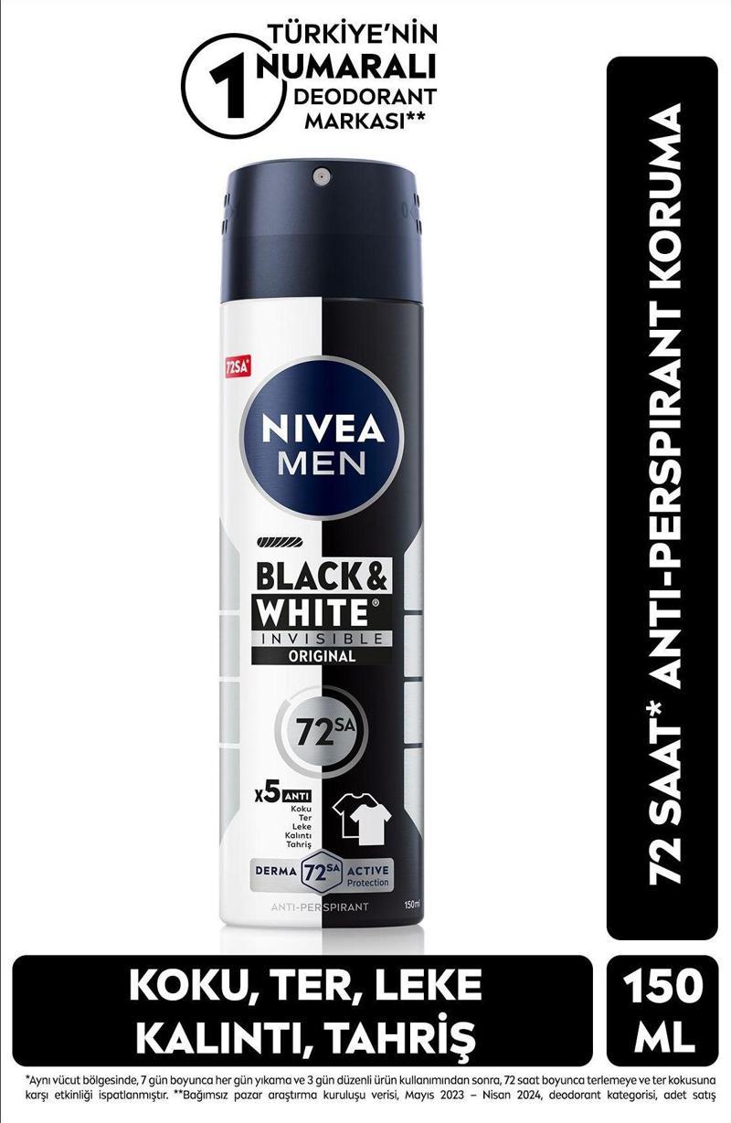MEN Erkek Sprey Deodorant Black&White Invisible Original 150ml, 72 Saat Anti-perspirant Ter Koruması