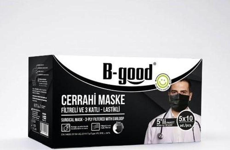 Siyah Cerrahi Maske 3 Katlı Telli 5Li Paketli 50 Adet