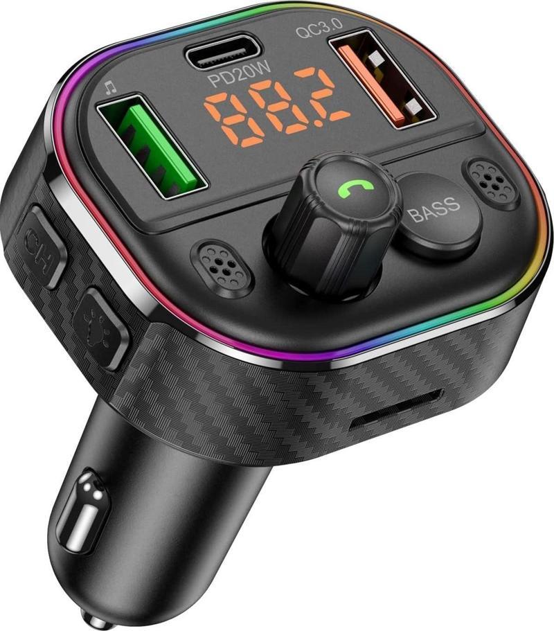 Car T86M Araç Fm Transmitter 5.0 Bluetooth Araç Kiti Hızlı 20W Şarj Qc3.0 Çift USB Mp3 Sd Kart Çakmaklık Giri