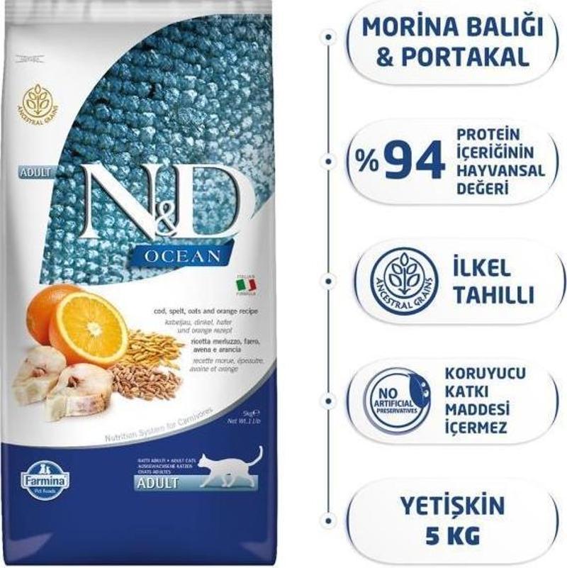 Düşük Tahıllı Ocean Morina Balıklı Portakallı Kedi Maması 5 kg