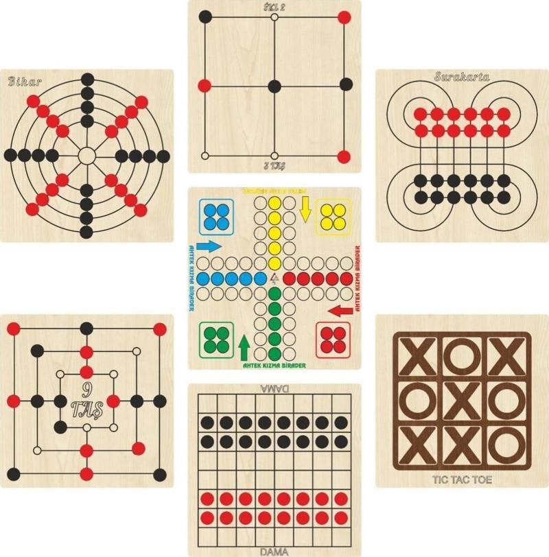 Ahşap Zeka Ve Strateji Oyun Seti 7 Li, Kızma Birader+dama+3 Taş+9 Taş+bihar+surakarta Ve Tic-tac-toe