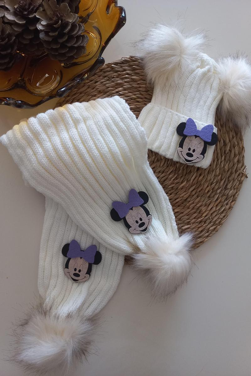 Kız Erkek Unisex Bebek Çocuk Ekru Krem Lila Mickey Minnie Mouse Figürlü Ponponlu Atkı Bere