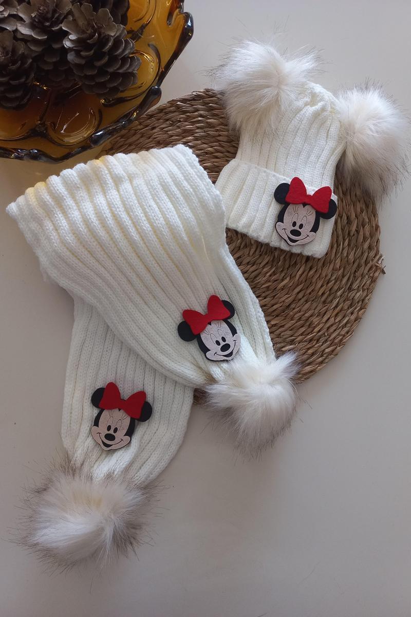 Kız Erkek Unisex Bebek Çocuk Ekru Krem Mickey Minnie Mouse Figürlü Ponponlu Atkı Bere Takı