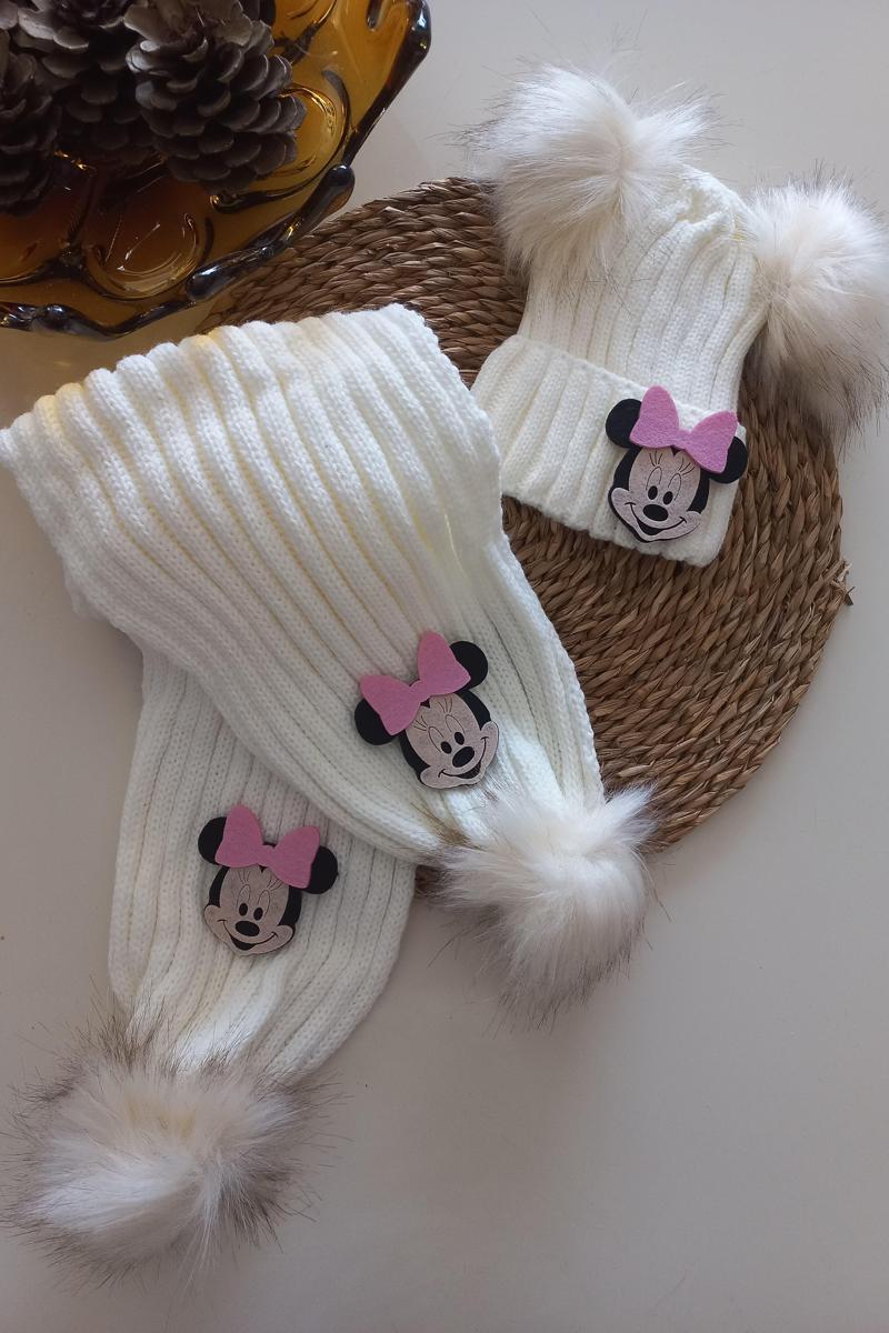 Kız Erkek Unisex Bebek Çocuk Ekru Krem Pembe Mickey Minnie Mouse Figürlü Ponponlu Atkı Ber