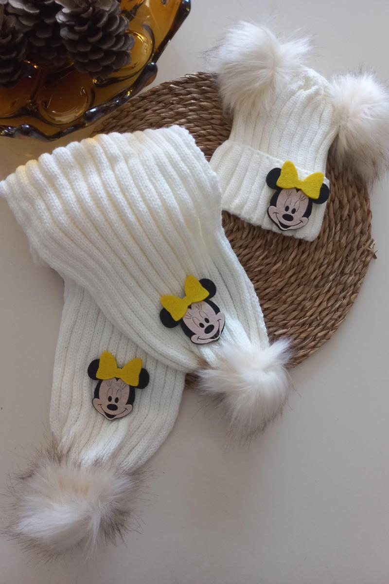 Kız Erkek Unisex Bebek Çocuk Ekru Krem Sarı Mickey Minnie Mouse Figürlü Ponponlu Atkı Bere