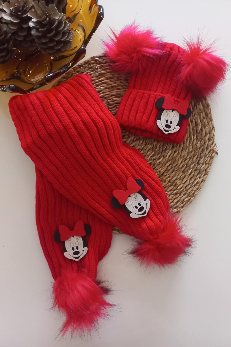 Kız Erkek Unisex Bebek Çocuk Kırmızı Mickey Minnie Mouse Figürlü Ponponlu Atkı Bere Takımı