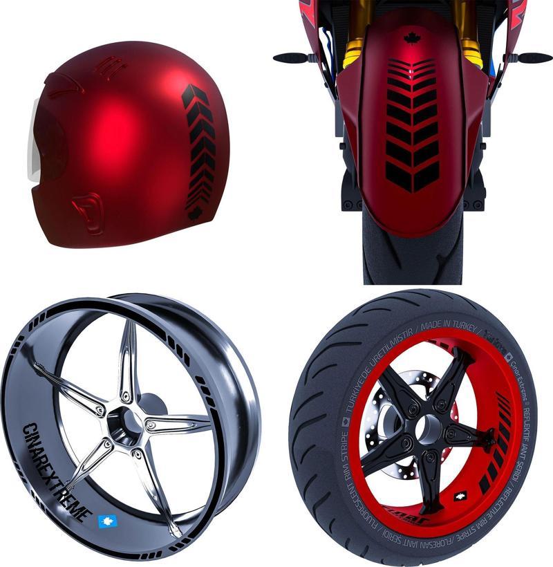 Moto Rider 4'lü Sticker Seti Jet Siyah İç Dış Jant Şeridi Kask ve Çamurluk Çınar Extreme 