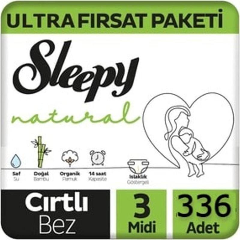 Natural 3 Numara Bebek Bezi Midi 4 - 9 Kg 336 Adet Mega Paket Belbantlı Cırtlı.