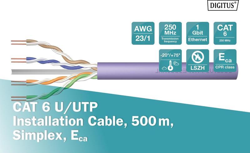 DIGITUS CAT6 Utp 23AWG Mor 500m Makara Saf Bakır Kablo 0.50mm DK-1613-VH-5