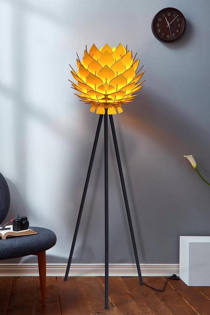 Lotus Metal Ayaklı Yerpuar Anahtarlı Ahşap Modern Tripod Üç Ayaklı Lambader Aydınlatma Sarı