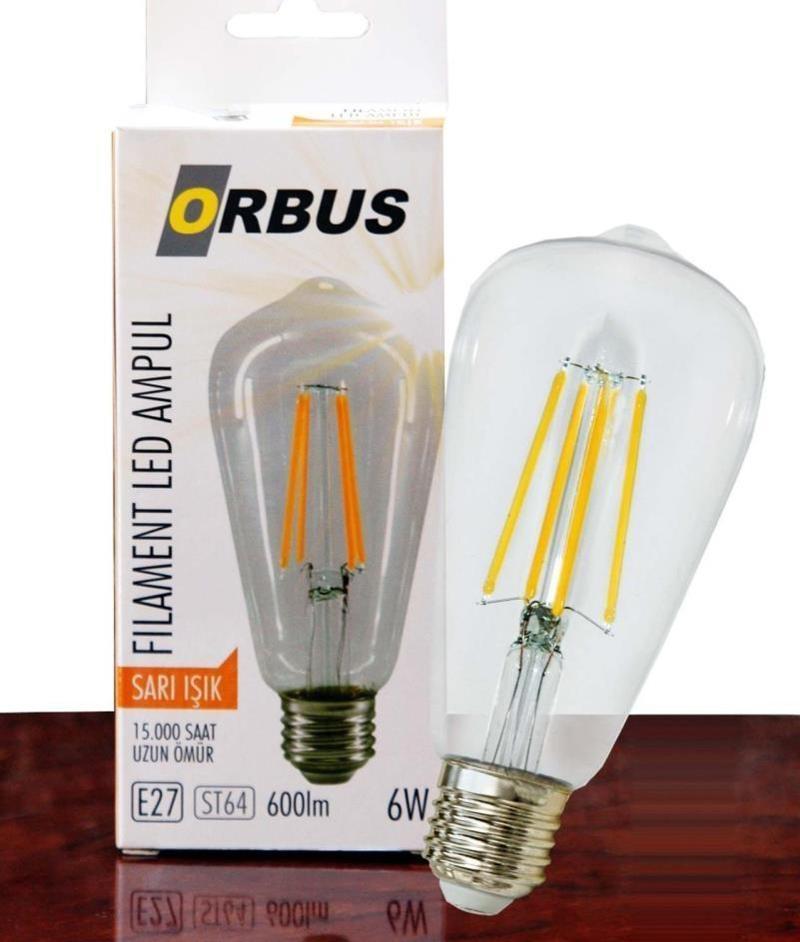 ORB-STM6W ST64 6W E27 Beyaz Cam Sarı Işık Dekoratif 540 Lm Led Ampul Ra80 220-240V-50Hz